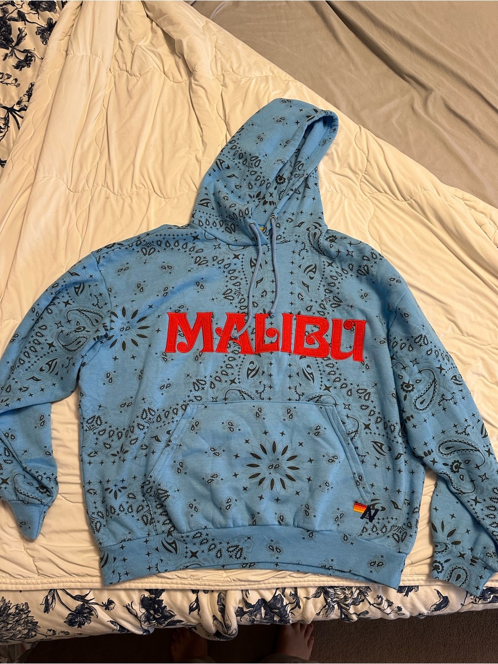 Aviator Nation Light Blue Bandana-Print Crewneck Hoodie with Red Malibu Logo